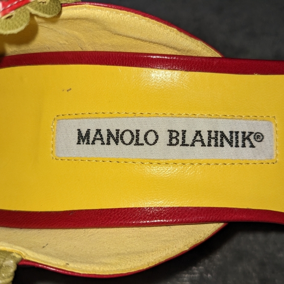 Manolo Blahnik Red and Yellow Strapped Heels - Picture 10 of 10